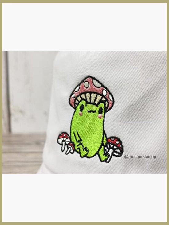 Embroidered Frog with Mushroom Bucket Hat, Cotton, Unisex
